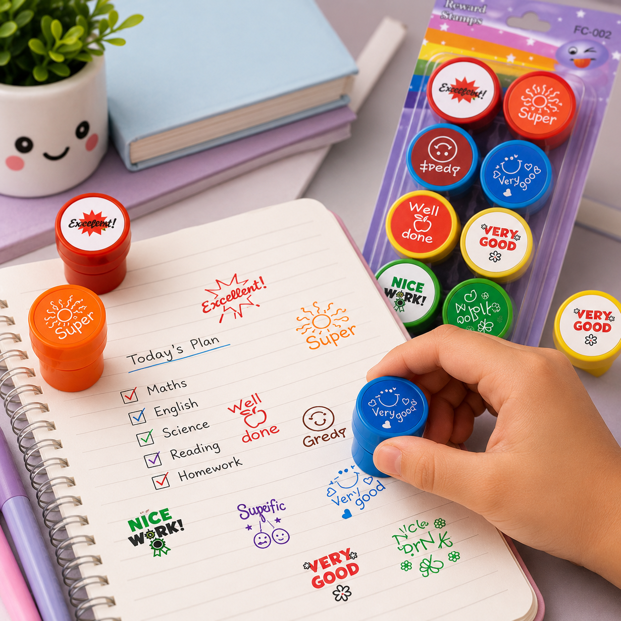 Reward Stamp Set – 10 Motivational Self-Inking Stamps for Teachers & Kids