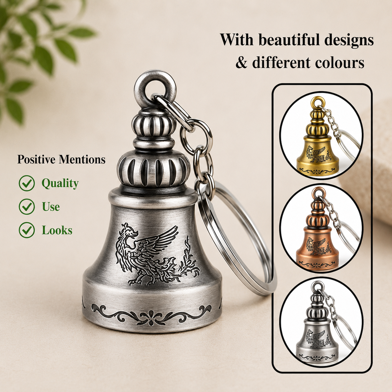 Combo of 2 Guardian Bell Keychains | Premium Metal Lucky Bells | Brass + Silver