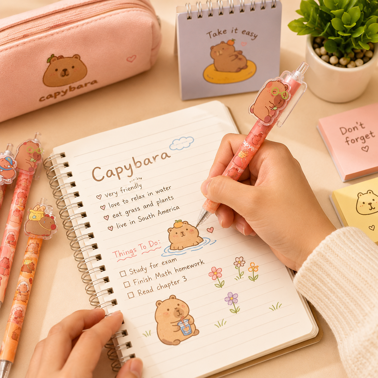 Capybara Inspired Pens Set of 3 | Cute Cartoon Pens for School, Office & Gifting | Random Designs