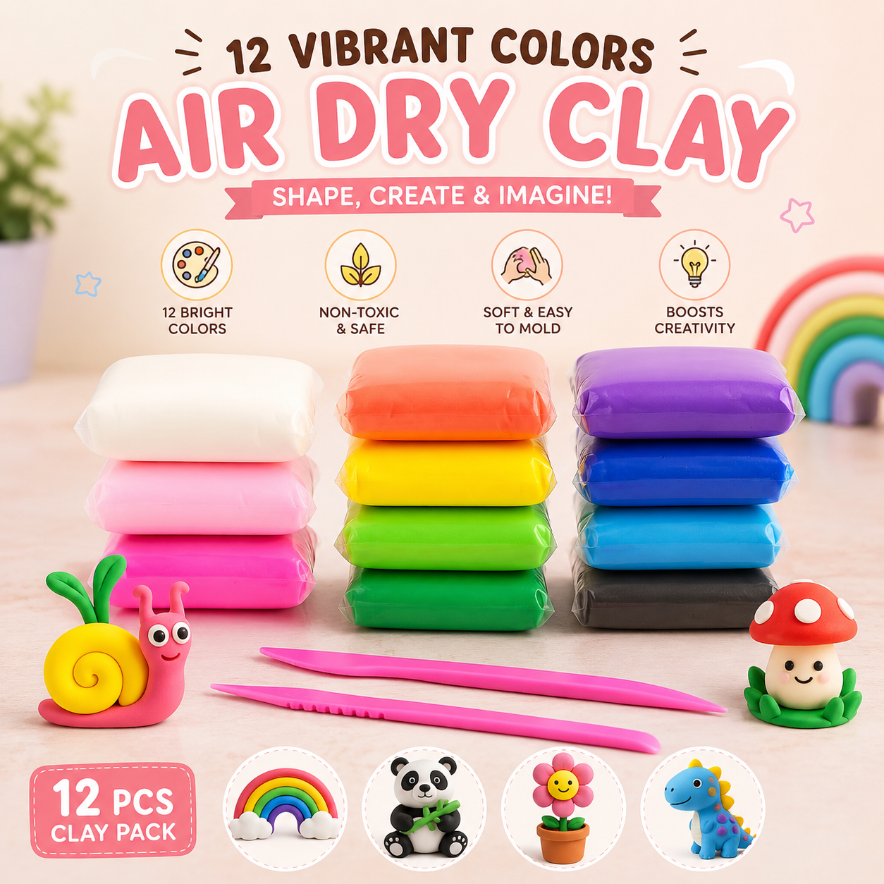 12 Vibrant Colors Air Dry Clay Set with Sculpting Tools | Soft Modeling Clay for Kids & DIY Crafts