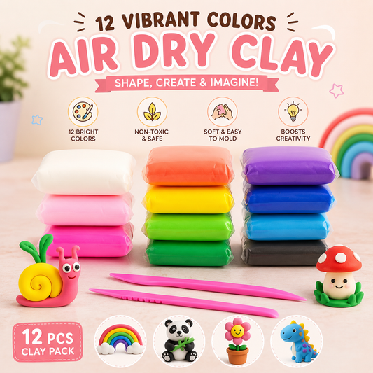 12 Vibrant Colors Air Dry Clay Set with Sculpting Tools | Soft Modeling Clay for Kids & DIY Crafts