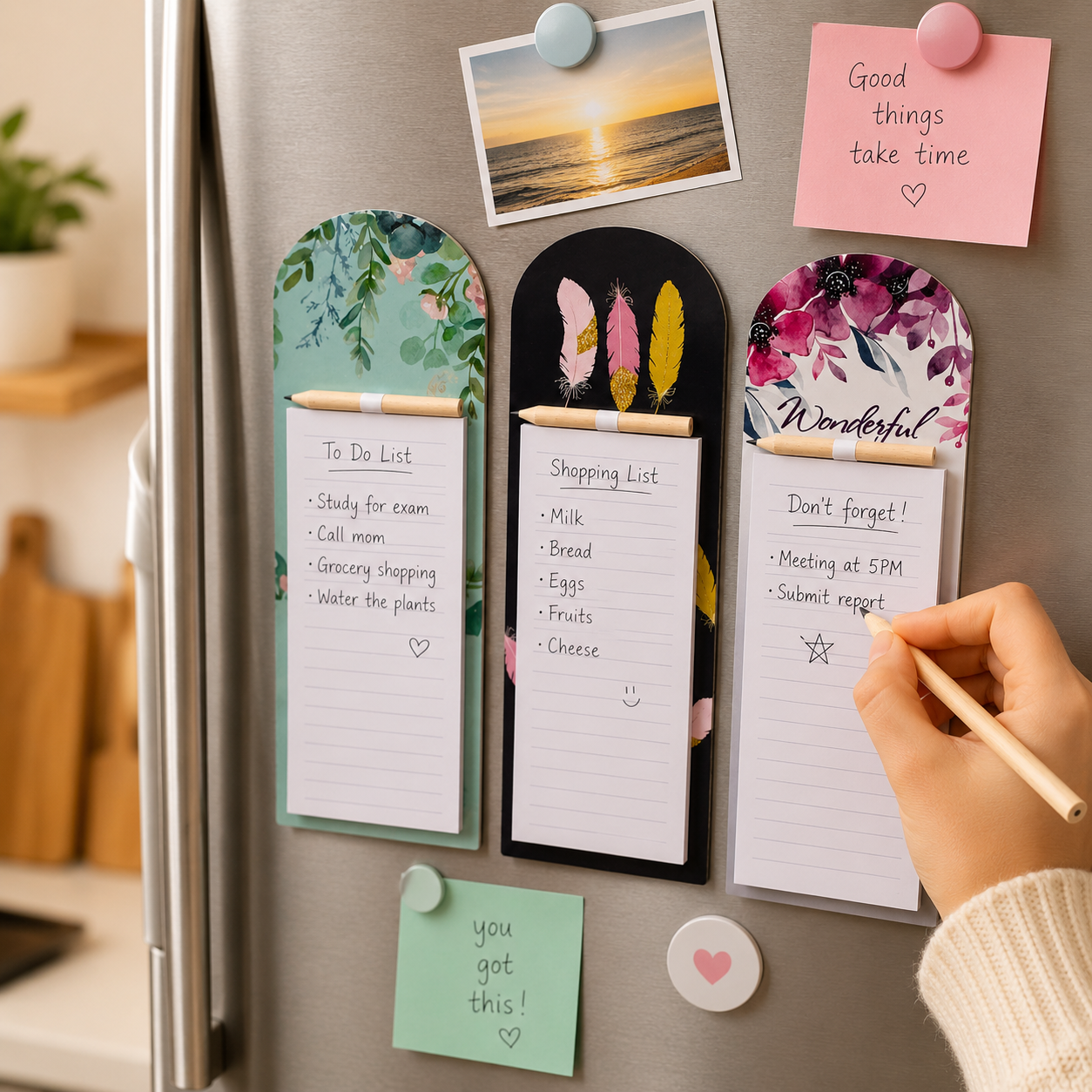 Magnetic Note Pad with Pencil | Fridge Memo Pad for Shopping Lists & Reminders | Random Designs