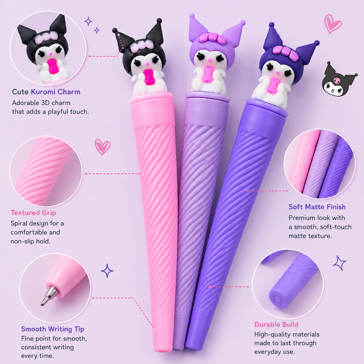 Kuromi Inspired Character Pen Set of 3 – Cute Kawaii Writing Pens
