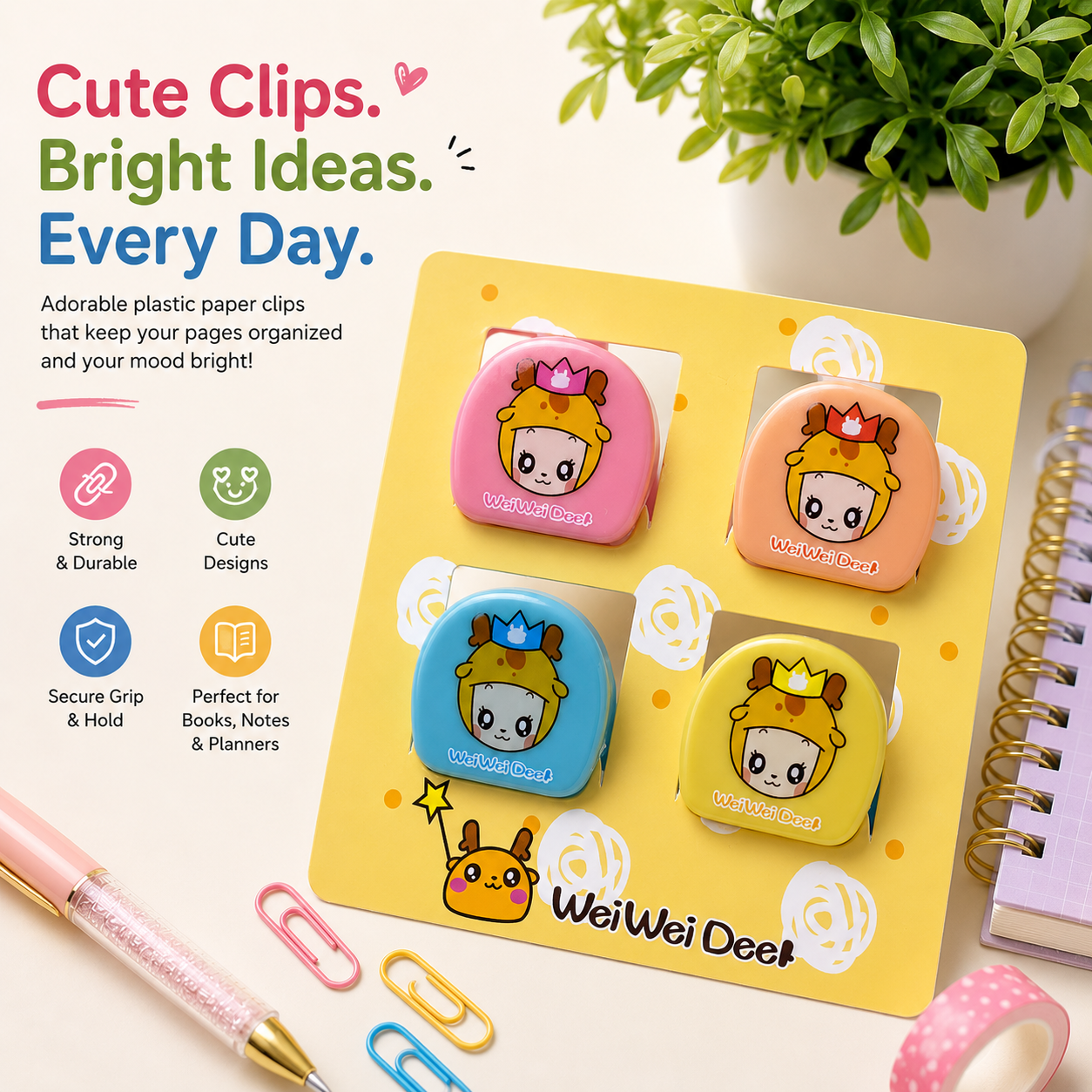 Cute Plastic Paper Clips Set of 4 – Decorative Page & Memo Clips