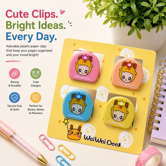 Cute Plastic Paper Clips Set of 4 – Decorative Page & Memo Clips