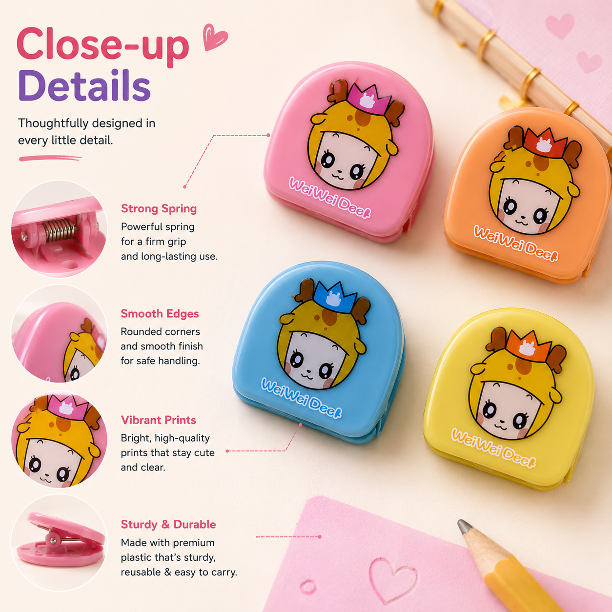 Cute Plastic Paper Clips Set of 4 – Decorative Page & Memo Clips
