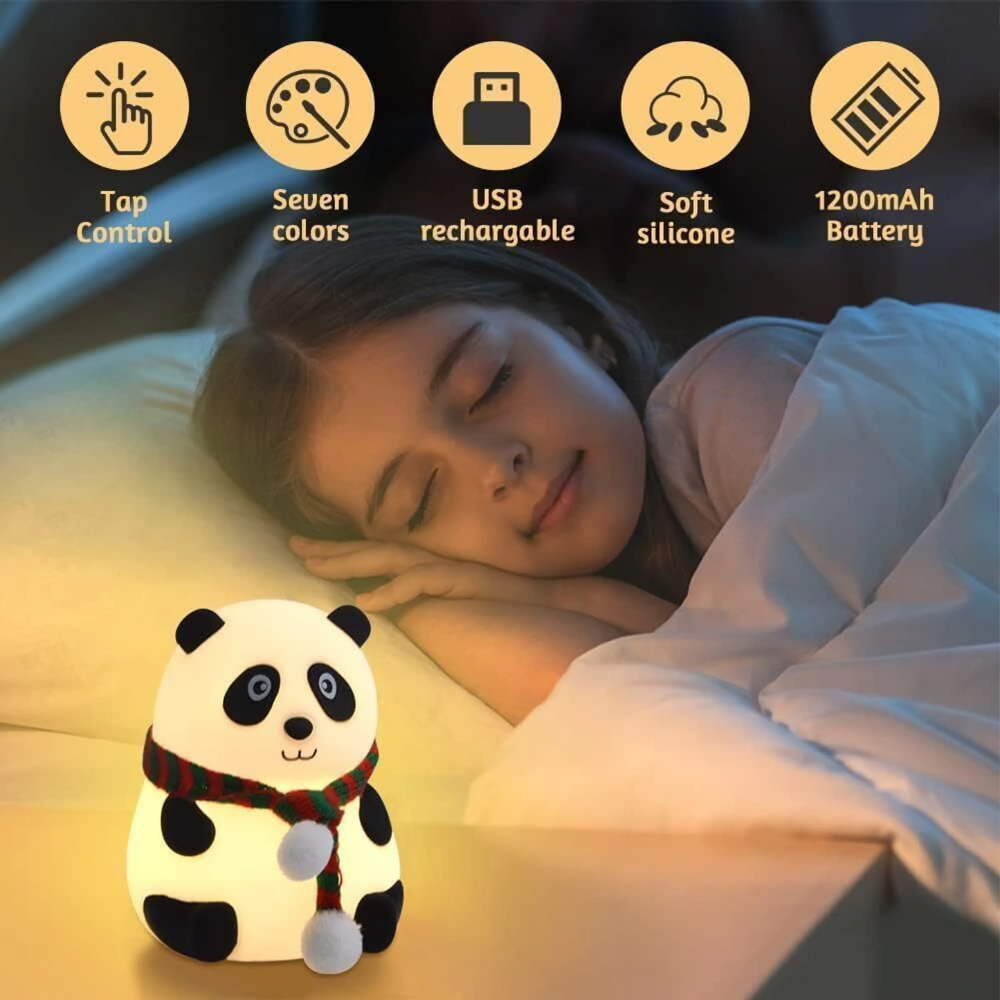 Cute Panda Silicone Night Lamp | Touch Sensor 7-Color LED Light | USB Rechargeable Soft Bedside Lamp