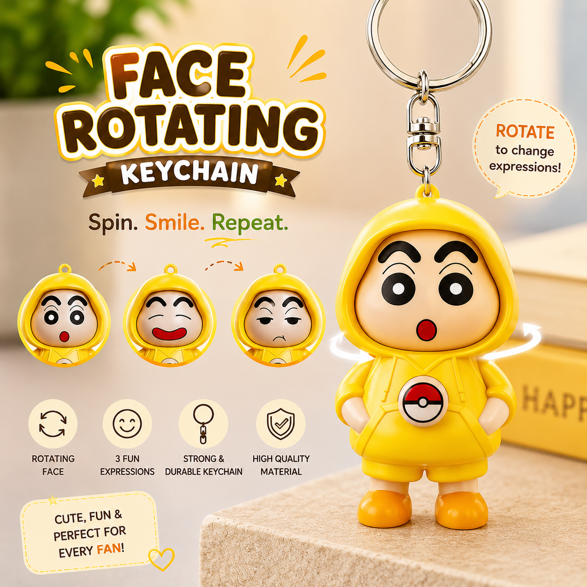 Face Rotating Cartoon Keychain – 3 Fun Expressions | Cute Collectible Keychain