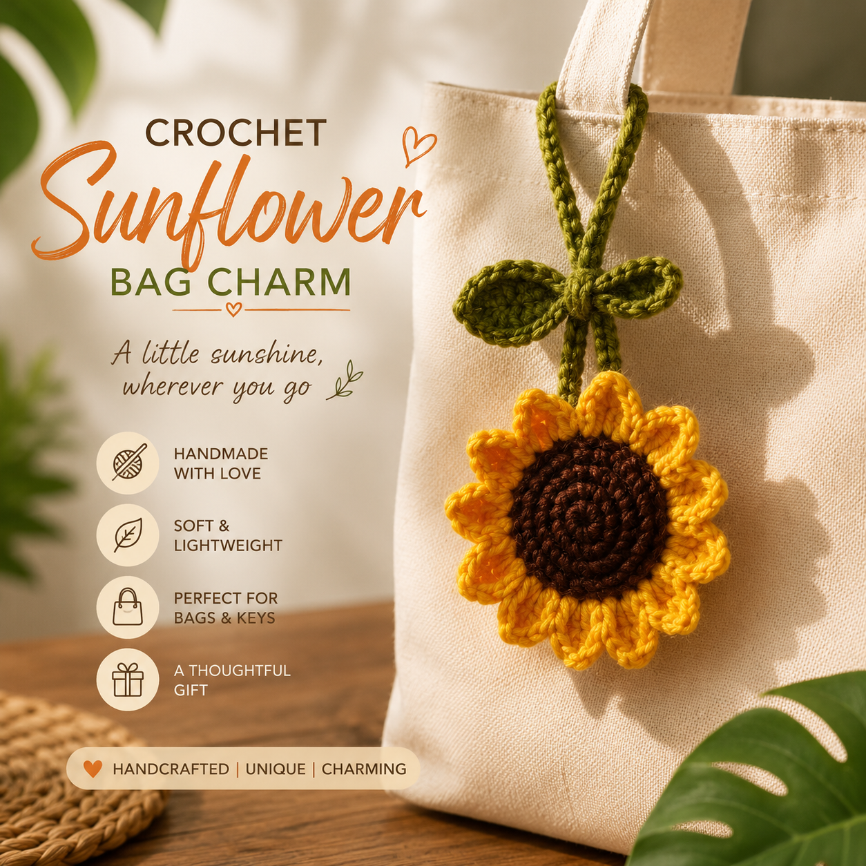 Handmade Crochet Sunflower Bag Charm – Brighten Every Day