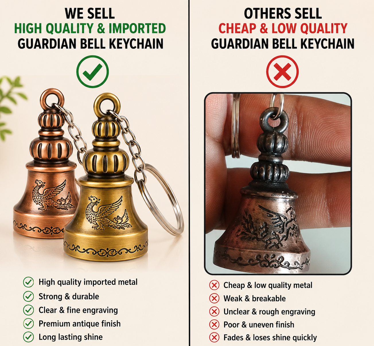 Combo of 2 Guardian Bell Keychains | Premium Metal Lucky Bells | Brass + Silver