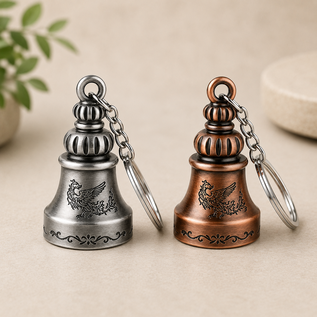 Combo of 2 Guardian Bell Keychains | Premium Metal Lucky Bells | Brass + Silver
