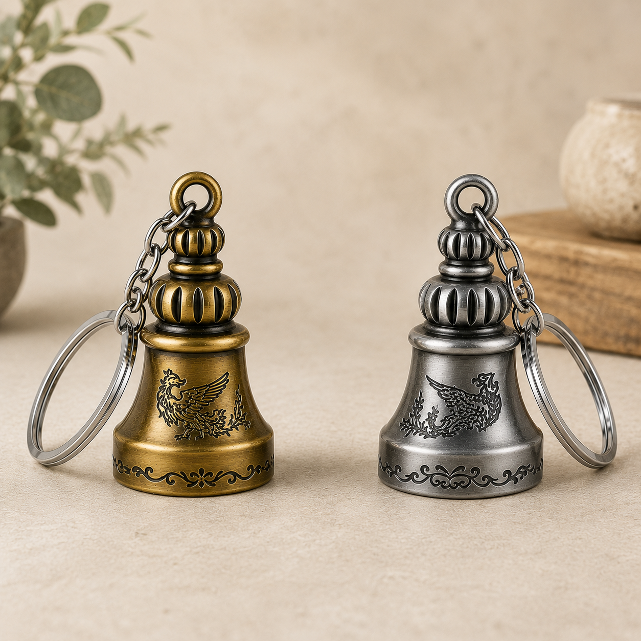 Combo of 2 Guardian Bell Keychains | Premium Metal Lucky Bells | Copper + Silver