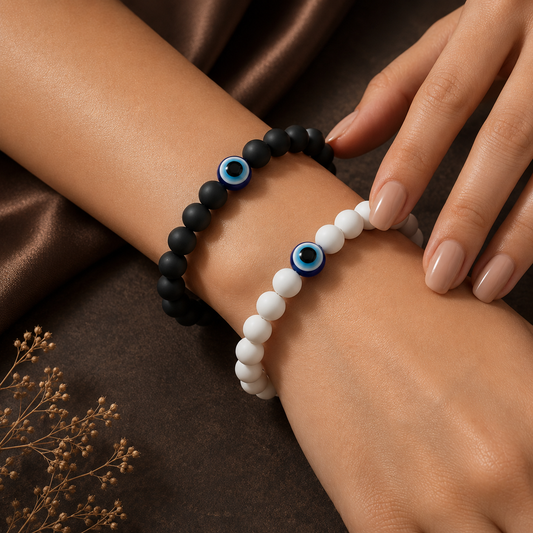 Black & White Evil Eye Bracelet Set of 2 | Dual Colour Stretchable Combo