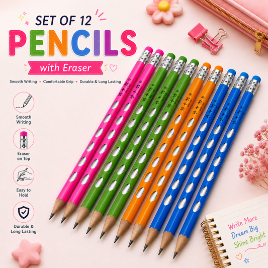 Set of 12 Wooden Pencils with Eraser | Smooth Writing HB Pencils for School & Office